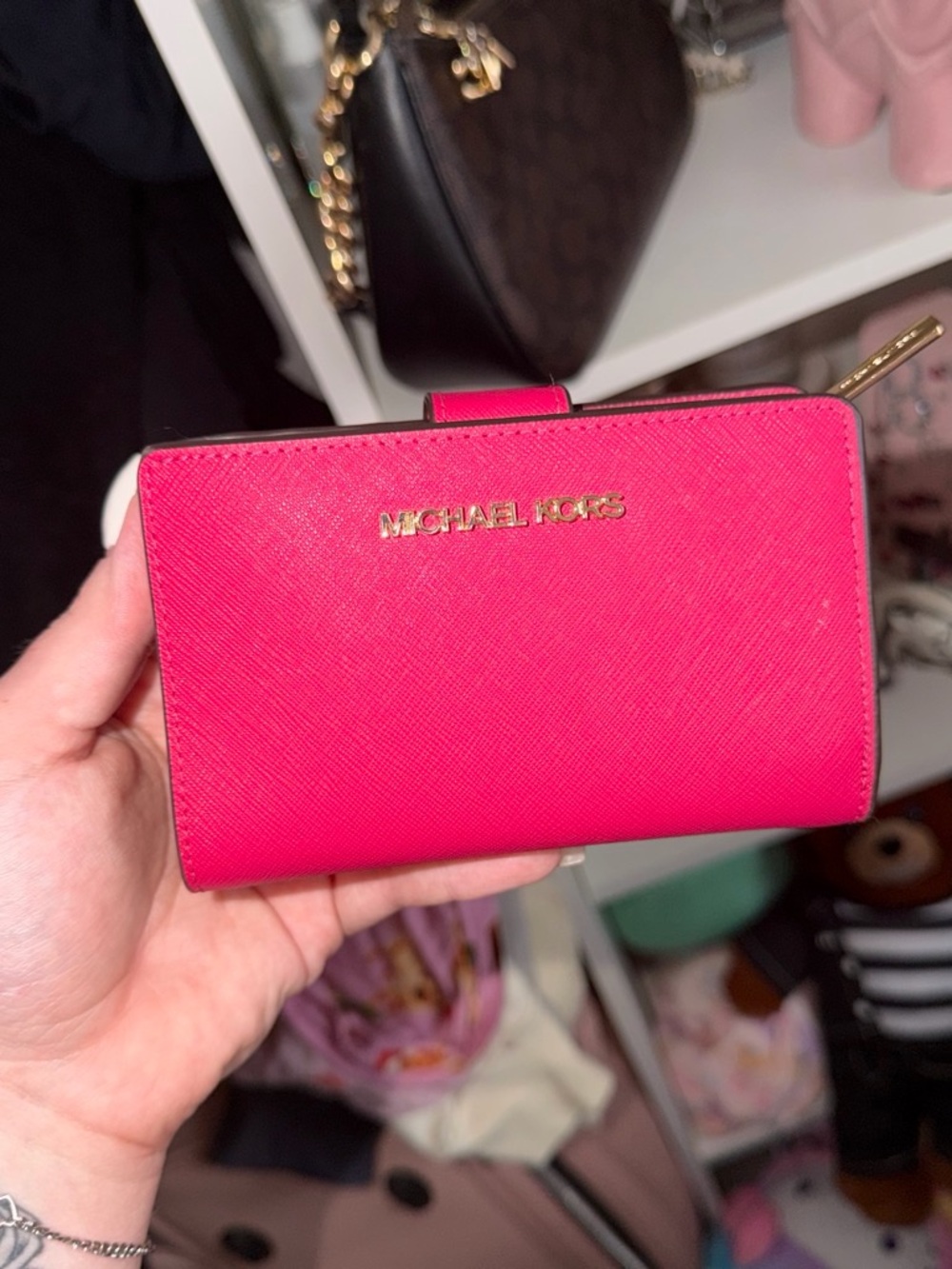 Michael Kors Bright Pink Saffiano Leather Wallet with Gold Logo